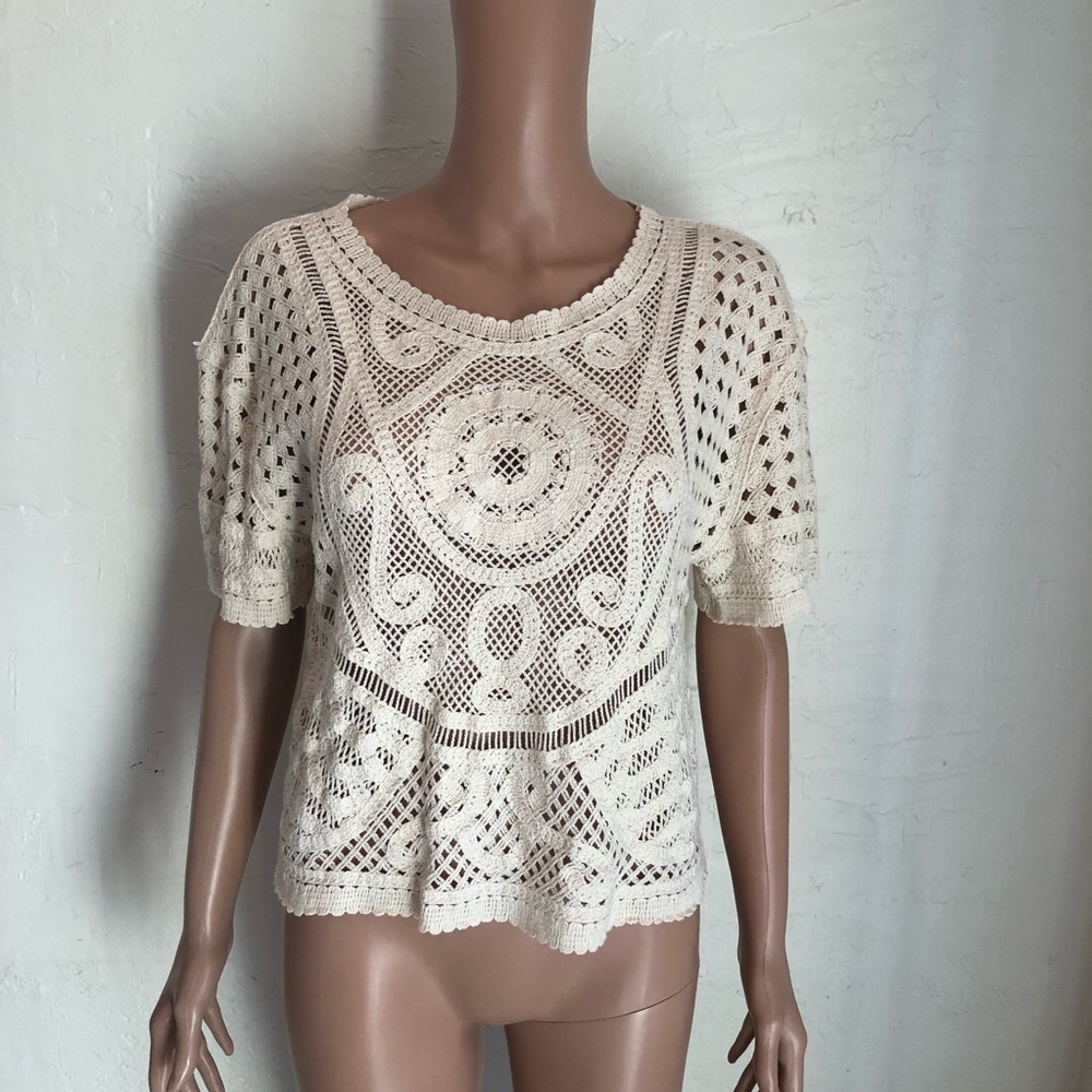 Esprit Cream Sheer Floral Knitted Crochet￼ Embroidered Shirt Women’s Size M Top